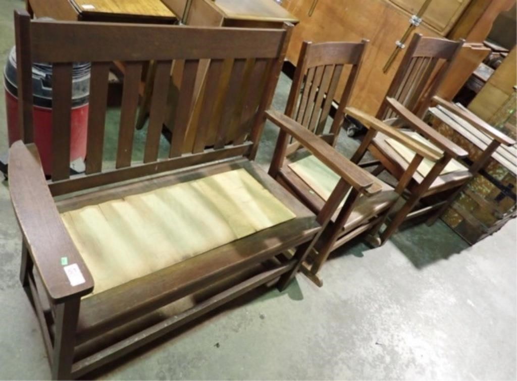 3 MISSION OAK PCS W/ BENCH, CHAIR, ROCKER