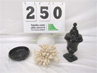 Black Vase w/Lid & Matching Bowl, Sea Coral