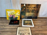 5pc Wall Art: Flowers, Fruit, Abstract Crowd etc