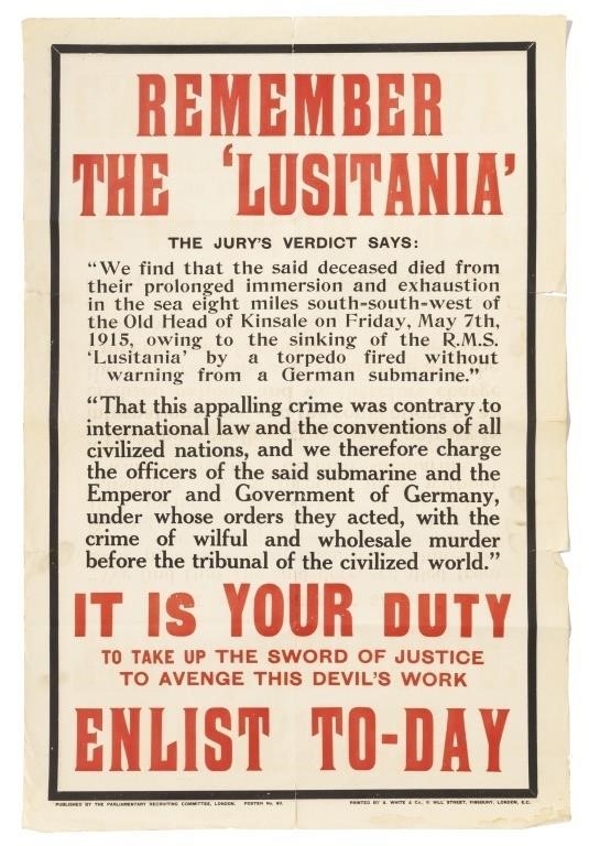 WWI British "Lusitania" Recruiting Poster