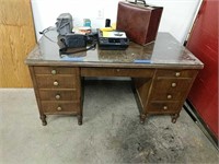 Vintage Wooden Office Desk With Glass Top