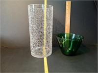 Clear Crackle Glass Vase and Small Green Bowl