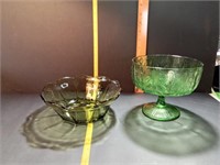 Green Glass Pedestal Bowl and Bowl