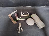 (3)Pocket Knives, (2)Sharpener Stone & More