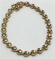 Sterling Gold Tone Heart Bracelet W Clear Stones