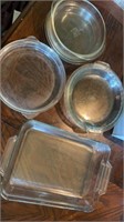 Pyrex glass dishes, 5 pie plates, bowl,2 anchor