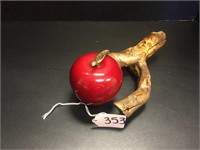 APPLE PAPERWEIGHT  WITH WOOD AND FACE CARVING