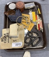 Vintage tray with skeleton keys, pens, belt, pins