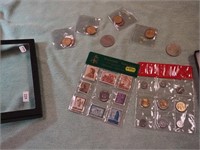 Coins and stamps including gambling tokens,