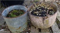 Cast iron kettle 12" by 10", & granite bucket