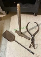 Vintage tools - ice tongs, sledgehammer, fireplace
