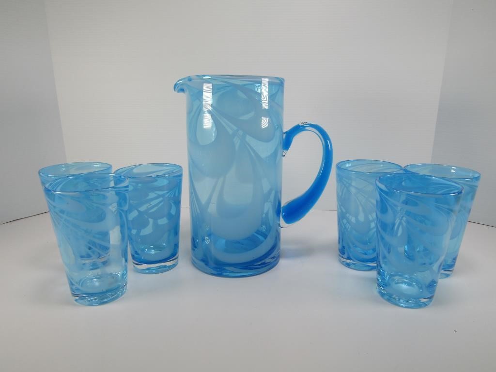 BLUE ART GLASS PITCHER W/ 6 TUMBLERS