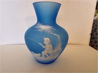 Beautiful hand painted blue glass vase - Fenton?