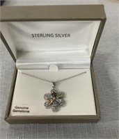 Sterling Necklace with Multi Color Stone Flower