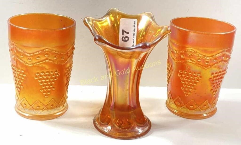 Three Small Marigold Carnival Glass Pieces
