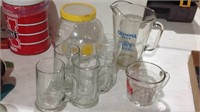 Sun tea jar, mugs, measuring cup, pitcher