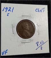 1921-S Lincoln Wheat Cent Penny coin marked VF