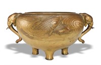 Large Japanese Bronze Bowl w/ Elephants & Koi