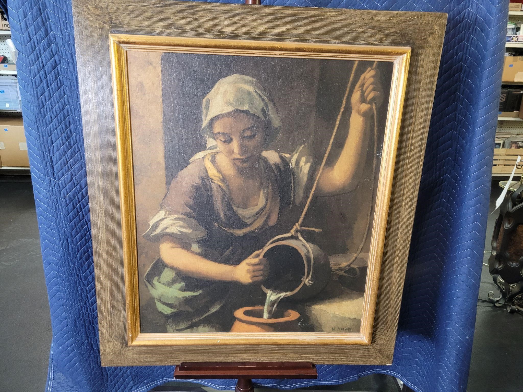 Signed Oil Painting Woman Fetching Water/ H. Happ