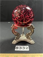Ruby Red Controlled Bubble Paperweight On Stand