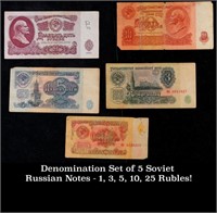 Denomination Set of 5 Soviet Russian Notes - 1, 3,