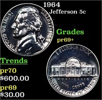 Proof 1964 Jefferson Nickel 5c Grades GEM++ Proof