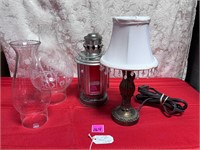 Vtg Candle Lantern,Glass Hurricane  &Small Lamp