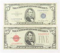 LOT OF TWO $5 SILVER CERTIFICATES NICE SHAPE!