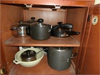 kitchen cab. pots w/lids, stew pot, flow blue