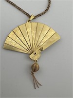 Vintage Gold Oriental Fan Pendant Necklace
