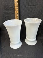 2 x 8" White Glass Vases