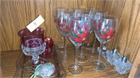 Wine Glasses, Salt Shakers, and Red Glass Set