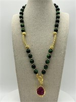 Artisan Green Cat Eye & Gold Tone Necklace