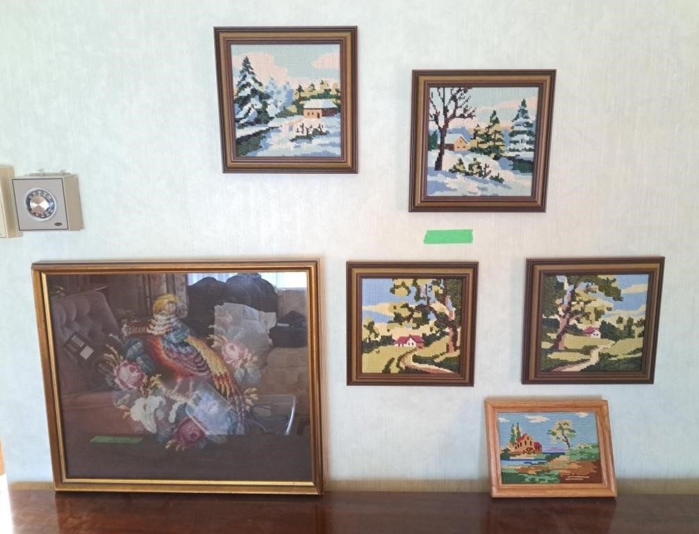 6 needle point pictures. Largest measures 18 1/2"