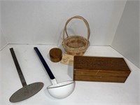 Two Ladles, handmade basket and wheeler and