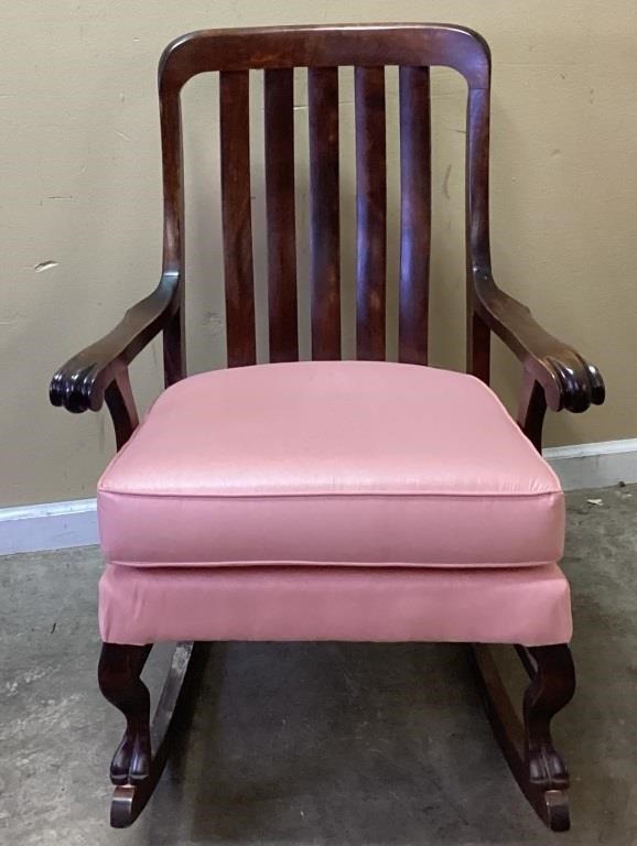 VTG. MAHOGANY PINK UPHOLSTERED SEAT ROCKER