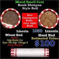 Mixed small cents 1c orig shotgun roll, 1938-p Lin