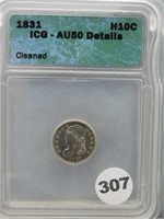 1831 Capped Bust Half Dime. Graded AU50. Cleaned.