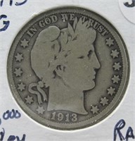 1913 Barber Half. V.G. Condition. 188,000 Minted