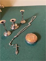 Silver Rosary Beads and Candle Sticks