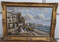 Signed Oil Painting Of Seaside Town By P. Swillow