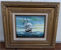 Signed Oil Painting of Ship at Sea, 8x10"