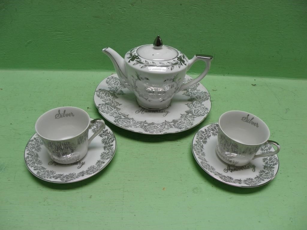 25th Silver Anniversary Cups & Tea Pot Set