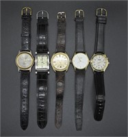 5 MEN'S BLACK LEATHER BAND WATCHES