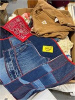 CARHARTT OVERALLS, BOX OF SOFT GOODS OF ALL KINDS