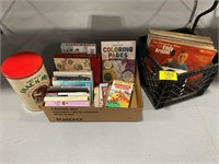 CRATE OF VINYL RECORD ALBUMS, COLORING BOOKS,