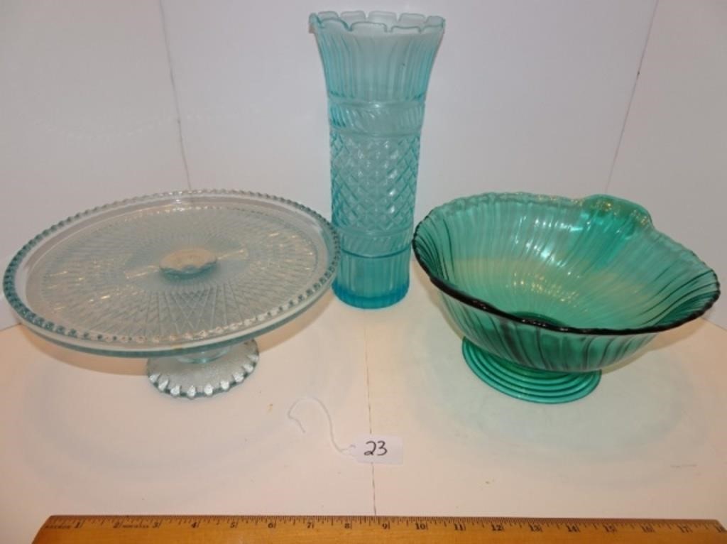 Blue Glass Cake Stand Bowl Vase Lot