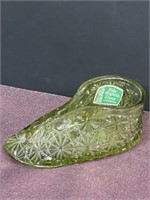 Fenton Olde Virginia Glass slipper shoe green