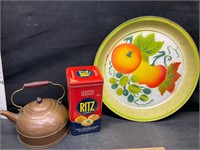 Enamel tray, ritz can and copper kettle