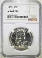 1959 FRANKLIN HALF DOLLAR, NGC MS-64 FBL